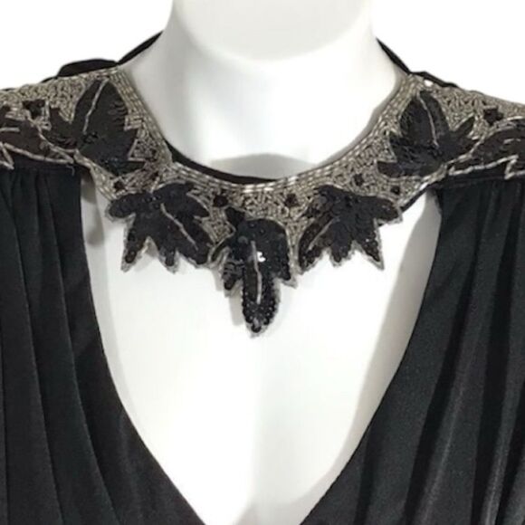 Dave & Johnny Black Dress Vintage 80s Ruched Bodycon Sequin Midi New Size 9/10 - Picture 7 of 16